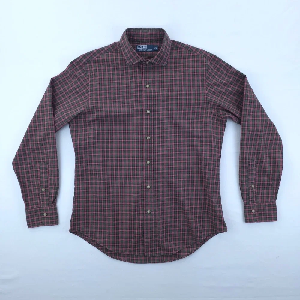 Polo Ralph Lauren Mens Button Down Shirt M Burgundy Green Plaid Long‎ Sleeve